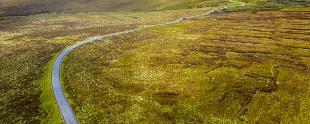 A winding road through lush green fields and hills